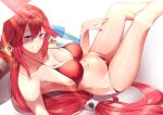  1girl bikini breasts earrings genshin_impact gold_earrings grin highres jewelry large_breasts long_hair looking_at_viewer low-tied_long_hair lying misa_pika mitsudomoe_(shape) navel on_back purple_eyes red_bikini red_hair red_nails smile solo stomach swimsuit thighs tomoe_(symbol) very_long_hair vision_(genshin_impact) yae_miko 