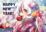  1girl :d bangs blurry blurry_background blush bokeh bow candy_apple depth_of_field food hair_bow hair_ornament happy_new_year holding holding_food holding_skewer japanese_clothes kimono long_hair long_sleeves looking_at_viewer low_ponytail multicolored_hair new_year oooise open_mouth orange_eyes original rabbit_hair_ornament red_hair skewer slit_pupils smile solo streaked_hair tanghulu two-tone_hair upper_body white_hair 