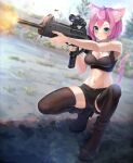  1girl absurdres animal_ears beretta_cx4 black_thighhighs blue_eyes boots cat_ears cat_girl cat_tail commission crop_top enpera_(jdud8375) firing gun highres holding holding_gun holding_weapon lens_flare muzzle_flash navel original outdoors pink_hair shell_casing short_hair short_shorts shorts skindentation solo squatting tail thighhighs weapon 