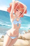  1girl 3: arm_on_head armpits arms_up bare_arms bikini blue_sky blunt_bangs blush bow breasts cleavage closers cowboy_shot curly_hair dutch_angle hair_bow highres lens_flare looking_at_viewer luna_aegis_(closers) medium_breasts medium_hair navel ocean official_art orange_hair pink_eyes rock shore short_eyebrows side-tie_bikini_bottom sidelocks sky solo stomach swimsuit twintails v-shaped_eyebrows white_bikini white_bow 