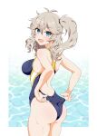  1girl absurdres adjusting_clothes adjusting_swimsuit antenna_hair ass blue_eyes blue_one-piece_swimsuit commentary_request competition_swimsuit cowboy_shot from_behind grey_hair highres kasukabe_tsumugi long_hair looking_at_viewer looking_back messy_hair multicolored_clothes multicolored_swimsuit one-piece_swimsuit ponytail solo standing swimsuit usazirou539 voicevox water 