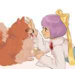  1girl bow dog from_side ghost_trick grey_eyes grin hair_bow kanon_(ghost_trick) long_sleeves looking_at_animal lying missile_(ghost_trick) on_stomach pomeranian_(dog) purple_hair renshu_usodayo short_hair simple_background smile white_background yellow_bow 