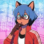  1:1 anthro brand_new_animal breasts brown_body building bust_portrait canid canine character_name city clothed clothing english_text facial_markings female gloves_(marking) hand_on_chin head_markings hi_res jacket japanese_text mammal markings mask_(marking) medium_breasts michiru_kagemori multicolored_eyes neon open_mouth orange_body outline portrait raccoon_dog shirt signature solo studio_trigger tanuki text three-quarter_view topwear toru_tanabe track_jacket translated white_outline 