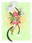  1girl absurdres artist_name border daisy digimon digimon_(creature) eclipru fairy flower full_body green_background highres holding holding_flower leaf_wings lilimon looking_at_viewer monster_girl nail_polish outside_border petals plant plant_girl signature simple_background smile solo watermark white_border white_flower 