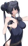  1girl absurdres bare_shoulders black_dress black_gloves black_hair blue_archive blue_eyes blush breasts butterfly_hair_ornament china_dress chinese_clothes covered_navel covering_nipples double_bun dragon_print dress gloves hair_bun hair_ornament heavy_breathing highres kisaki_(blue_archive) long_hair looking_at_viewer medium_breasts ndrw7522 one_breast_out open_mouth simple_background sleeveless sleeveless_dress solo twintails white_background 