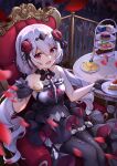  1girl :d absurdres bare_shoulders black_dress black_gloves black_thighhighs blurry blurry_foreground cake cake_slice chair chinese_commentary cup dress fang flower food fork gloves hair_between_eyes hair_flower hair_ornament highres holding holding_plate honkai_(series) honkai_impact_3rd long_hair looking_at_viewer macaron open_mouth petals plate red_eyes red_flower red_rose rose sitting sleeveless sleeveless_dress smile solo strapless strapless_dress table teacup theresa_apocalypse theresa_apocalypse_(luna_kindred) thighhighs twintails very_long_hair white_hair yiduan_zhu 