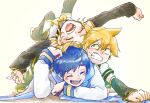  1girl 2boys ^_^ angry annoyed aqua_eyes black_shorts black_sleeves blonde_hair blue_scarf blue_wrist_cuffs bow brother_and_sister clenched_teeth closed_eyes detached_sleeves hair_bow hair_ornament hairclip happy kagamine_len kagamine_rin kaito_(vocaloid) laughing leg_warmers long_sleeves lying multiple_boys neckerchief on_back on_person on_stomach open_mouth sailor_collar sailor_shirt sano_(prsk_kaito) scarf shirt short_hair short_sleeves shorts siblings sleeveless sleeveless_shirt smile teeth twins vocaloid white_shirt yellow_background yellow_nails yellow_neckerchief 