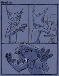  anthro black_and_blue brush brushing brushing_teeth clothed clothing comic digital_media_(artwork) ear_tuft felid feline fur lynx male mammal marc_(theblueberrycarrots) monochrome shirt solo tank_top theblueberrycarrots toothbrush topwear tuft 