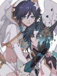  2boys androgynous angel angel_wings aqua_eyes aqua_hair black_hair braid cape chinese_clothes closed_mouth expressionless feathered_wings flower genshin_impact gloves hair_flower hair_ornament highres holding holding_mask hug looking_at_viewer low_twin_braids male_focus mask multiple_boys shirt shorts smile teeth twin_braids unik0503 venti_(archon)_(genshin_impact) venti_(genshin_impact) white_background white_cape white_flower white_gloves white_shirt white_shorts white_wings wings xiao_(genshin_impact) yaoi 