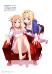  2girls alice_zuberg asuna_(sao) bare_legs barefoot blonde_hair blue_dress blue_eyes braid braided_ponytail breasts brown_eyes brown_hair bunbun couch dress feet french_braid hairband highres long_hair long_sleeves looking_at_viewer medium_breasts multiple_girls open_mouth smile soles sword_art_online sword_art_online:_alicization thighhighs white_dress white_hairband white_thighhighs 