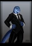  3033 absurd_res anthro black_clothing black_suit clothing crius_(offline_user) hi_res lizardman lizardman_(overlord) looking_at_viewer male markings overlord_(series) scales scalie solo standing suit suit_and_tie tattoo tribal tribal_markings tribal_tattoo 