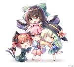 4girls :d ^_^ animal_ears artist_name black_bow black_footwear black_hair black_hairband black_headwear black_wings blue_shirt blush bow braid brown_eyes cat_ears cat_tail chibi closed_eyes dress feathered_wings floral_print green_bow green_dress green_hair green_skirt hair_between_eyes hair_bow hair_ornament hairband hand_up hat hat_bow head_tilt heart heart_hair_ornament highres juliet_sleeves kaenbyou_rin komeiji_koishi komeiji_satori long_hair long_sleeves looking_at_viewer looking_to_the_side miniskirt multiple_girls multiple_tails nekomata open_mouth paw_pose pink_eyes pink_footwear pink_hair pink_skirt pudding_(skymint_028) puffy_sleeves red_hair reiuji_utsuho revision shadow shirt shoes short_hair siblings signature simple_background sisters skirt smile standing standing_on_one_leg tail third_eye touhou twin_braids twintails two_tails white_background wide_sleeves wings yellow_bow yellow_shirt 