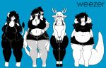  amelia_(mexifurfoof) anthro antlers bandage bandaged_arm belle_(mexifurfoof) belly big_breasts biped black_and_white bottomwear breasts chain clothed clothing curvy_figure cutoffs denim denim_clothing digital_drawing_(artwork) digital_media_(artwork) english_text female fishnet frieda_(mexifurfoof) fur group hair hoodie hooves horn looking_at_viewer lucy_(mexifurfoof) meme mexifurfoof monochrome non-mammal_breasts off_shoulder overweight overweight_female piercing scales shorts simple_background smile snake_hood sweater sweatpants tail text thick_thighs topwear torn_clothing voluptuous weezer wide_hips 