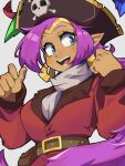  1girl absurdres belt blue_eyes dark-skinned_female dark_skin diloon_(ghost_man) earrings hat highres jewelry long_hair long_sleeves open_mouth pirate pirate_hat ponytail purple_hair scarf shantae shantae_(series) simple_background skull_and_crossbones smile solo teeth tongue upper_body white_background 