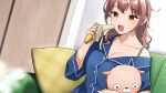  1girl arm_at_side arm_up banana blue_shirt blush bra bra_strap brown_eyes brown_hair buttons closet couch door doushimasho food fruit genkai_ol-chan_nui_wo_suu hand_up holding holding_food holding_stuffed_toy indoors lapels messy_hair off-shoulder_shirt off_shoulder open_mouth pajamas pillow shirt sleepwear sliding_doors solo steam stuffed_animal stuffed_toy teddy_bear teeth udou_komori underwear upper_body upper_teeth_only wooden_door 