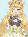  1girl :d bare_shoulders blonde_hair bow butterfly_hair_ornament celine_(fire_emblem) crown detached_sleeves dress fire_emblem fire_emblem_engage flat_chest flower green_eyes hair_flower hair_ornament highres long_hair looking_at_viewer open_mouth orange_bow oyusame petals smile solo upper_body very_long_hair wrist_bow yellow_dress 