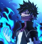  1boy alternate_eye_color black_hair black_jacket blue_fire boku_no_hero_academia burn_scar cel_shading cheek_piercing commentary_request dabi_(boku_no_hero_academia) ear_piercing embers fingernails fire from_side green_eyes grin hair_over_one_eye hand_up hatsuta high_collar jacket looking_at_viewer looking_to_the_side male_focus multiple_piercings multiple_scars partial_commentary piercing profile pyrokinesis scar scar_on_face scar_on_neck shirt short_hair short_sleeves sideways_glance smile solo spiked_hair t-shirt upper_body white_shirt 
