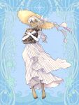  1girl barefoot blue_background bow clara_lindvall dairoku_ryouhei dark-skinned_female dark_skin dress elbow_gloves full_body gloves hair_between_eyes hat hat_bow holding looking_at_viewer orange_eyes seiyakarutaken solo straw_hat striped striped_dress sun_hat white_bow white_dress white_hair 