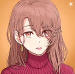  1girl asymmetrical_bangs brown_eyes brown_hair captain_baldwin dangle_earrings earrings english_commentary eyes_visible_through_hair hair_between_eyes hair_over_one_eye highres jewelry long_bangs long_hair looking_at_viewer mature_female open_mouth oshi_no_ko red_sweater ribbed_sweater saitou_miyako simple_background solo star_(symbol) sweater teeth turtleneck turtleneck_sweater upper_body upper_teeth_only 