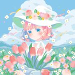  1girl blue_eyes cloud cloudy_sky fantasy flower grass hat highres hill hiro046k holding holding_flower looking_at_viewer original outdoors pink_hair ribbon short_hair sky solo tulip white_hair witch witch_hat 