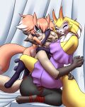  2_horns anthro arm_around_shoulders arm_around_waist bandai_namco canid canine clothing dark_sclera daughter_(lore) digimon digimon_(species) dress ears_down embrace eyes_closed facial_markings family family_photo father_(lore) father_and_child_(lore) father_and_daughter_(lore) female fox furball genji group hand_on_head head_markings hi_res horn hug hybrid imp impmon kyonshimon leg_wrap male mammal markings mitzi_(thegantian) mother_(lore) mother_and_child_(lore) mother_and_daughter_(lore) neck_tuft on_lap parent_(lore) parent_and_child_(lore) parent_and_daughter_(lore) photo_shoot pivoted_ears purple_clothing purple_dress renamon renimpmon short_stack size_difference smile trio tuft white_sheets 