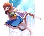  1girl absurdres barefoot blue_dress brown_hair circlet detached_sleeves dress dungeon_toaster full_body green_dress highres long_hair low_twintails monkey_tail multicolored_clothes multicolored_dress red_eyes single_detached_sleeve solo son_biten tail test_tube touhou twintails unfinished_dream_of_all_living_ghost white_sleeves yellow_dress 