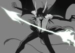  1boy black_hair bleach colored_sclera commentary_request demon_boy demon_horns grey_background highres hishui_prpr hole_in_chest hole_on_body horns long_hair male_focus polearm simple_background solo spear tail topless_male ulquiorra_cifer weapon wings 