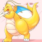  &lt;3 antennae_(anatomy) anthro belly blush claws dragonite duo generation_1_pokemon hi_res human male mammal nintendo orange_body overweight petting pokemon pokemon_(species) smile tail tail_motion tailwag thick_thighs warazi_pkmn 