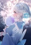  1girl aerial_fireworks blue_flower blue_kimono blush braid breasts cotton_candy crying crying_with_eyes_open eating fireworks flower from_side grey_eyes grey_hair hair_flower hair_ornament highres japanese_clothes kimono large_breasts miwano_rag night outdoors profile short_hair solo tears uchiage_hanabi_shita_kara_miru_ka?_yoko_kara_miru_ka? upper_body x_hair_ornament yukata 