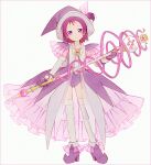  1girl adapted_costume boots brooch closed_mouth commentary_request dress earrings fairy frilled_dress frills full_body gloves hakusai_(tiahszld) hat holding holding_staff jewelry leotard looking_at_viewer magical_girl ojamajo_doremi one_side_up pointy_footwear purple_dress purple_eyes purple_footwear purple_gloves purple_hair purple_headwear purple_leotard roro_(ojamajo_doremi) segawa_onpu short_hair simple_background smile solo staff standing thighhighs white_background witch_hat 
