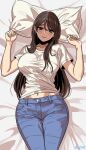  1girl artist_name beautiful_gunbari blue_pants breasts brown_eyes brown_hair large_breasts long_hair looking_at_viewer lying marheit maria_(beautiful_gunbari) midriff_peek navel on_back pants pillow pillow_grab shirt short_sleeves smile solo very_long_hair white_shirt 