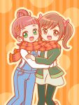  2girls chouno_hikari denim green_eyes jeans kamisama_minarai:_himitsu_no_cocotama kato-shun multiple_girls overalls pants polka_dot polka_dot_background scarf shared_clothes shared_scarf smile yotsuba_kokoro 