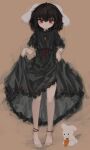  1girl absurdres animal_ears bags_under_eyes bangs barefoot black_dress black_hair brown_background closed_mouth clothes_lift dress dress_lift floppy_ears frilled_sleeves frills frown highres inaba_tewi lifted_by_self looking_at_viewer medium_hair puffy_short_sleeves puffy_sleeves rabbit_ears rabbit_girl red_eyes reverinth ribbon-trimmed_dress short_sleeves simple_background solo standing touhou wavy_hair 