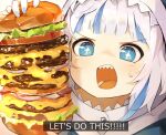  +_+ 1girl animal_costume blue_eyes blue_hair blue_hoodie blue_nails blunt_bangs burger english_text fast_food fingernails food gawr_gura holding holding_food hololive hololive_english hood hood_up hoodie light_blush multicolored_hair nail_polish no_nose open_mouth shark_costume shark_girl sharp_teeth solo streaked_hair subtitled suginakara_(user_ehfp8355) sweatdrop teeth too_much_burger upper_body virtual_youtuber white_hair 