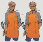  1boy absurdres alternate_hairstyle apron arven_(pokemon) bangs blush brown_hair closed_mouth commentary_request frown grey_shirt hair_over_one_eye hand_on_hip highres holding holding_spatula long_hair male_focus multiple_views necktie orange_apron pants pokemon pokemon_(game) pokemon_sv shirt sleeves_past_elbows spatula thxzmgn translation_request 