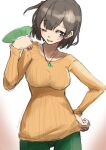  1girl blush breasts brown_eyes brown_hair dated green_pants hand_fan hand_on_own_hip highres hiryuu_(kancolle) holding holding_fan jewelry kantai_collection medium_breasts necklace official_alternate_costume one_eye_closed one_side_up open_mouth orange_sweater pants ribbed_sweater short_hair simple_background sketch solo sweat sweater tongue twitter_username umibudou 