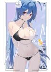  1girl absurdres arms_behind_back azur_lane bikini blue_hair blue_nails blush breasts cleavage cocktail_glass commentary_request cowboy_shot cup drinking_glass drinking_straw flower groin hair_between_eyes hair_flower hair_ornament helena_(azur_lane) helena_(shimmering_triangle_wave)_(azur_lane) highres holding_own_arm jiuxiaocan_yin large_breasts leaning_to_the_side legs_apart long_hair looking_at_viewer looking_down medium_breasts nail_polish navel outdoors picture_frame purple_eyes recording skin_tight smile solo swimsuit two-tone_bikini very_long_hair white_flower 