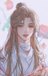  1boy androgynous bandaged_neck bandages bishounen chinese_clothes cjsrhkstkqhr123 commentary eyelashes fingernails floral_background flower hair_ornament hair_ribbon half_updo hanfu korean_commentary light_brown_hair long_eyelashes long_hair looking_to_the_side male_focus parted_bangs parted_lips ribbon robe string string_around_finger string_of_fate tianguan_cifu very_long_hair white_background white_ribbon xie_lian 
