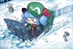  1girl backpack bag black_eyes black_jacket blue_hair blunt_bangs closed_mouth flat_cap full_body gloves green_bag green_gloves green_headwear hair_bobbles hair_ornament hat jacket jizou kawashiro_nitori kevin_arthur key looking_at_viewer outdoors short_hair smile snow snowplow solo touhou two_side_up walking winter_clothes 