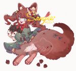  1girl :d animal_ears artist_name bow bowtie brown_fur brown_hair dress full_body furry furry_female green_dress green_eyes highres hua_hua_de_meme long_hair looking_at_viewer original pinecone red_bow red_bowtie sample_watermark smile solo squirrel_ears squirrel_girl squirrel_tail tail twintails white_background 