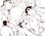  2boys age_difference bara beard_stubble chest_hair collared_shirt couple from_behind furrowed_brow greyscale hand_on_another&#039;s_head highres kiss kissing_forehead male_focus mature_male messy_hair monochrome mononobe_kyoma multicolored_hair multiple_boys multiple_views muscular muscular_male nanaisan_(713) protagonist_3_(housamo) shirt short_hair sideburns sideburns_stubble sketch streaked_hair sweatdrop thick_eyebrows tokyo_afterschool_summoners wavy_hair yaoi 