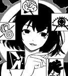  1girl 7hikinoyagi aura blush brain cropped_shoulders greyscale head_tilt heart_(organ) holding_scalpel implied_nudity looking_at_viewer mimi_(world_of_horror) monochrome parted_lips pixel_art scalpel smile solo world_of_horror x-ray 