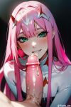  1boy 1girl ai-generated blush clothed_sex cum darling_in_the_franxx facial green_eyes horns large_penis non-web_source oral penis pink_hair pov self-upload smile txata_art uncensored zero_two_(darling_in_the_franxx) 