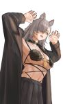  1girl alternate_costume animal_ears arknights arms_up black_jacket black_skirt blonde_hair breasts choker cleavage cosplay grey_hair hair_over_one_eye highres jacket long_hair mash_kyrielight mash_kyrielight_(dangerous_beast) mash_kyrielight_(dangerous_beast)_(cosplay) naixorth open_clothes open_jacket open_mouth paw_pose penance_(arknights) pleated_skirt skirt solo stomach wolf_ears yellow_eyes 