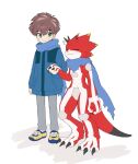  anthro bandai_namco betelgammamon blush brown_hair claws clothing codpiece digimon digimon_(species) digimon_ghost_game duo eyes_closed green_eyes hair hand_holding hi_res hiro_amanokawa human jacket male mammal moch_ka_327 red_body scalie scarf topwear 