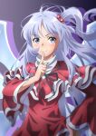  1girl capelet closed_mouth dress grey_eyes grey_hair gyouza_(mhea5724) hair_between_eyes hair_bobbles hair_ornament highres long_hair long_sleeves multiple_wings one_side_up red_capelet red_dress shinki_(touhou) smile solo touhou touhou_(pc-98) upper_body wide_sleeves wings 