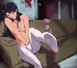  1girl bra bra_removed breasts couch cross cross_necklace exit_sign feet female_masturbation foot_out_of_frame hand_in_pantyhose highres jewelry katsuragi_misato legs masturbation necklace neon_genesis_evangelion nerv no_shoes pantyhose purple_hair scar soles toes underwear white_pantyhose yaomo_fu_ti 