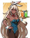  akairiot alternate_costume animal_ears bare_shoulders blue_leotard breasts cleavage commentary cup dark-skinned_female dark_skin detached_collar drinking_glass fake_animal_ears granblue_fantasy hand_on_own_hip highres holding holding_tray leotard long_hair pantyhose playboy_bunny rabbit_ears red_eyes side-tie_leotard simple_background smile strapless strapless_leotard symbol-only_commentary tray very_long_hair white_hair wrist_cuffs zooey_(granblue_fantasy) 