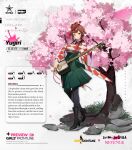  1girl argyle argyle_kimono artist_name bahao_diqiu black_footwear black_pantyhose boots brown_hair checkered_clothes checkered_kimono cherry_blossoms commentary copyright_name crossover dango_hair_ornament english_commentary english_text food-themed_hair_ornament full_body girls&#039;_frontline green_skirt hair_ornament heart heart_hair highres japanese_clothes kimono long_hair long_sleeves looking_at_viewer official_art oiran pantyhose promotional_art red_eyes skirt solo standing yuugiri_(zombie_land_saga) zombie_land_saga 