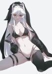  1girl absurdres arknights bare_shoulders bikini black_bikini black_panties breasts cleavage collarbone commentary_request grey_hair habit hair_between_eyes highres hood long_hair long_sleeves looking_at_viewer lxc medium_breasts navel nun off_shoulder open_clothes pale_skin panties parted_lips red_eyes simple_background sitting skindentation smile solo specter_(arknights) stomach swimsuit thigh_strap thighhighs thighs underwear very_long_hair white_background 